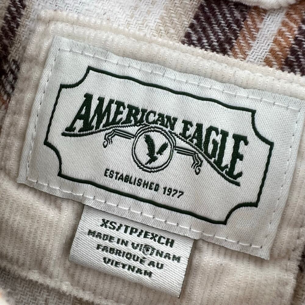 American Eagle Flannel Shirt Cropped XS Women Brown Beige 100% Cotton Neutral - Picture 4 of 6